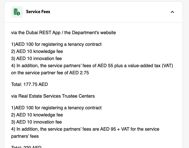 Ejari service fees on the Dubai Land Department website: AED 177.75 via Dubai REST, AED 220 at trustee centres