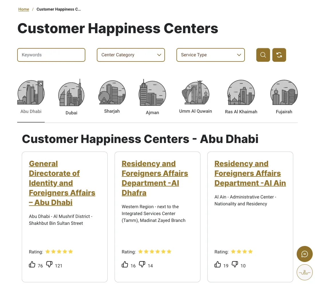 ICP customer happiness centres page, with centres listed by emirate