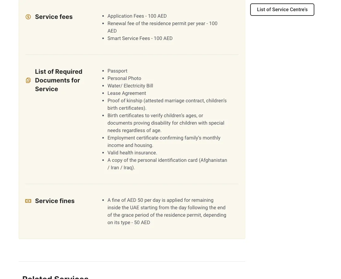 ICP residence permit renewal page showing AED 100 application fee, AED 100 per year and AED 100 smart service fee